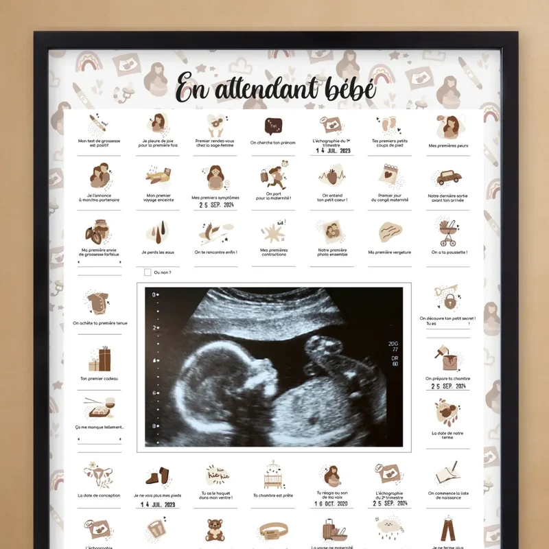 Coffret Souvenir Grossesse – Affiche "En Attendant Bébé" à Tamponner + Cadre Photo Noir