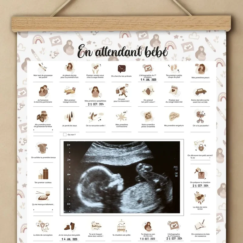 Affiche “En Attendant Bébé” à tamponner – Souvenir de Grossesse – Idée Cadeau pour Femme Enceinte