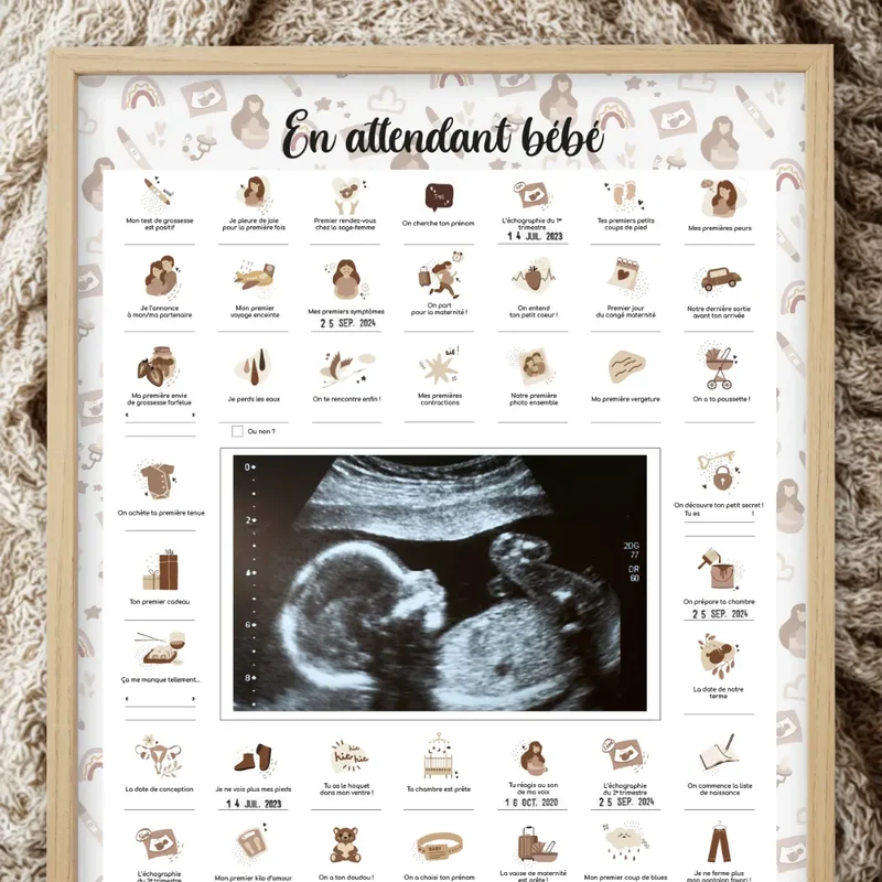 Coffret Souvenir Grossesse – Affiche "En Attendant Bébé" à Tamponner + Cadre Photo Beige