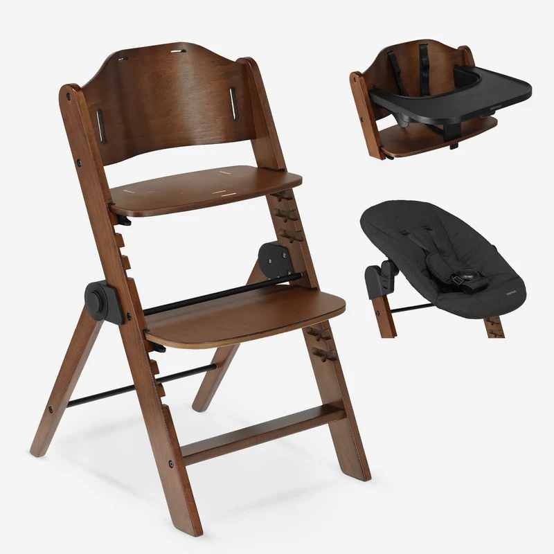 Chaise évolutive en bois Odin avec transat et plateau repas - Marron chaud/Noir